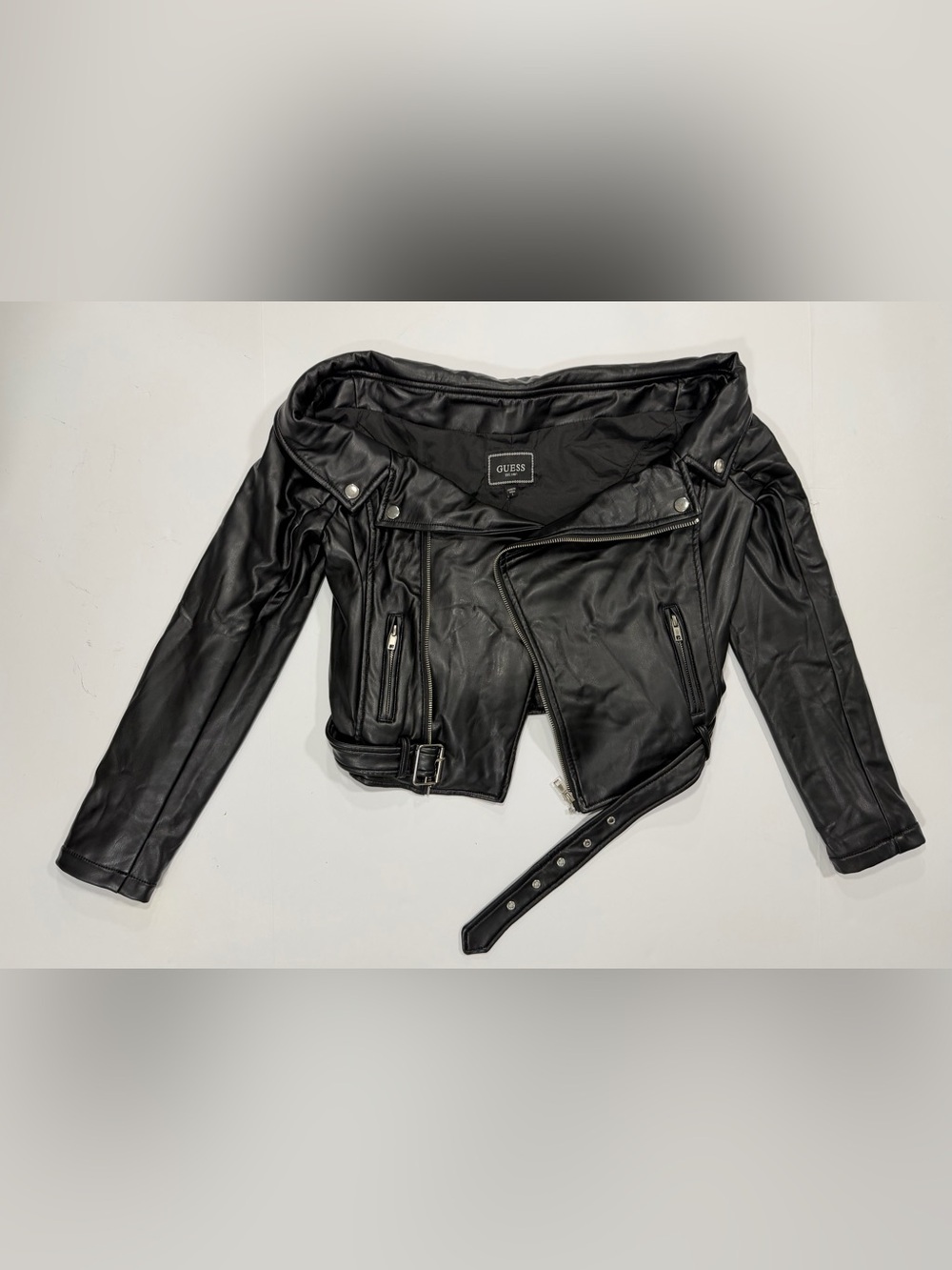 GUESS Black Faux Leather Moto Jacket with Belt
